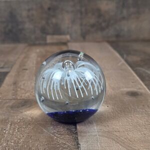 Glass Paperweight White Flower Design‎ Blue Cobalt Blue Base Bubbles Art Decor